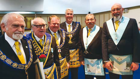 50 year jewel recipients RW Bros Joe Haffner and Frank Ingersole with MW Bros Jamie Melville PGM and Greg Levenston PGM, installing master RW Bro Mohamad Nahas PAGM and new master RW Bro Rod Cohen PSGW 